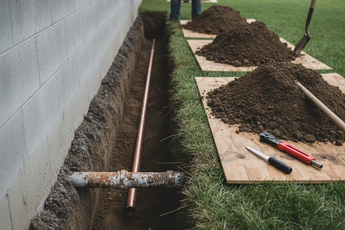 Excavated water line trench during Sewer Line Repair in East Syracuse